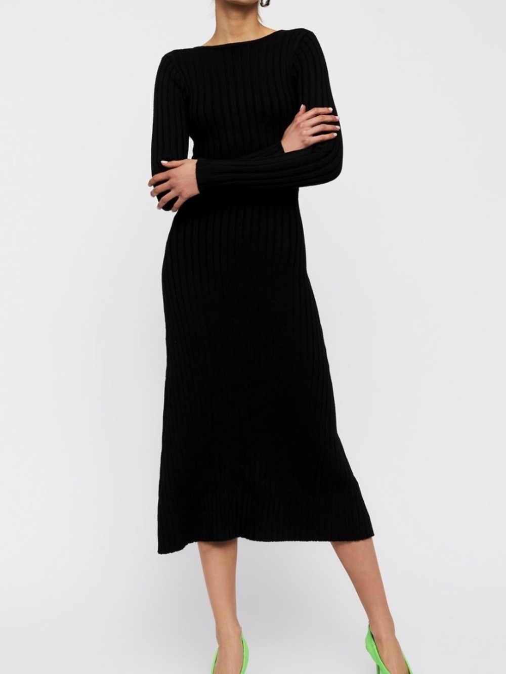 Black Ribbed Long-Sleeve Knit Maxi Dress
